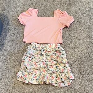 Pink Puff Sleeve Top and Floral Skirt Set